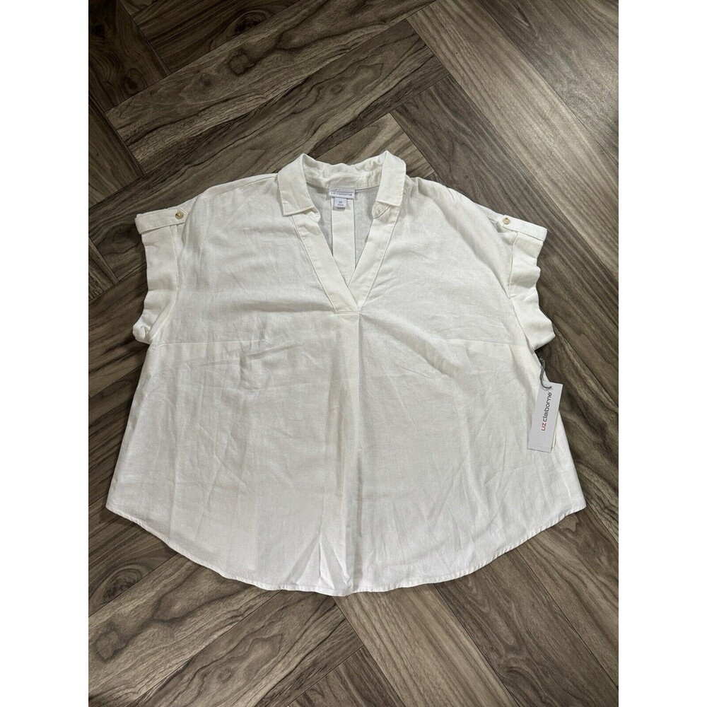 Liz Claiborne Womens SZ 0X White Collared V-Neck Short Sleeve Lyocell Blouse